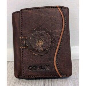 Vintage Goblin Women's Wallet Brown Leather w/ Floral Applique Trifold